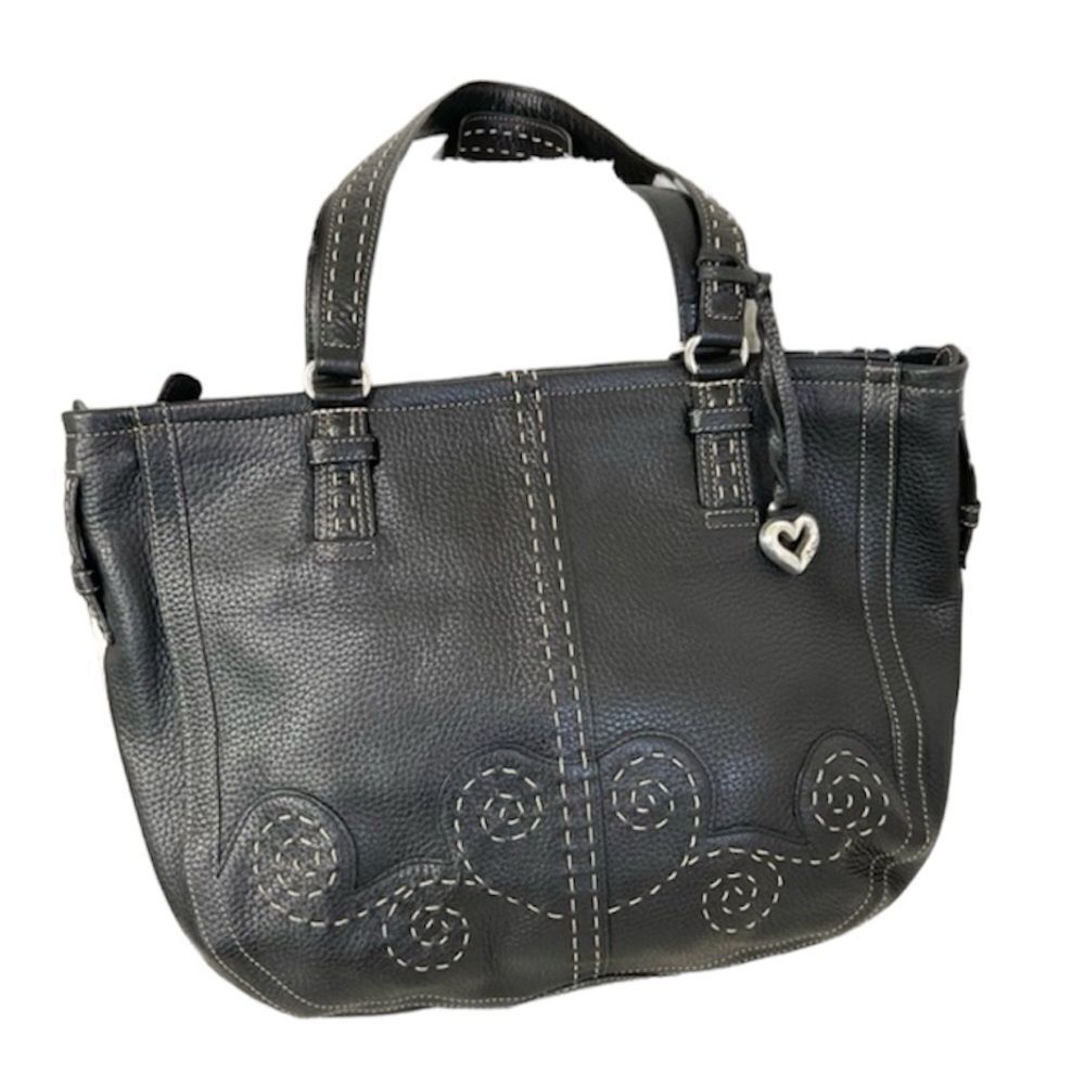 Brighton Soft Pebble Leather Heart Swirl Stitched Zipper Tote Shoulder Bag Black